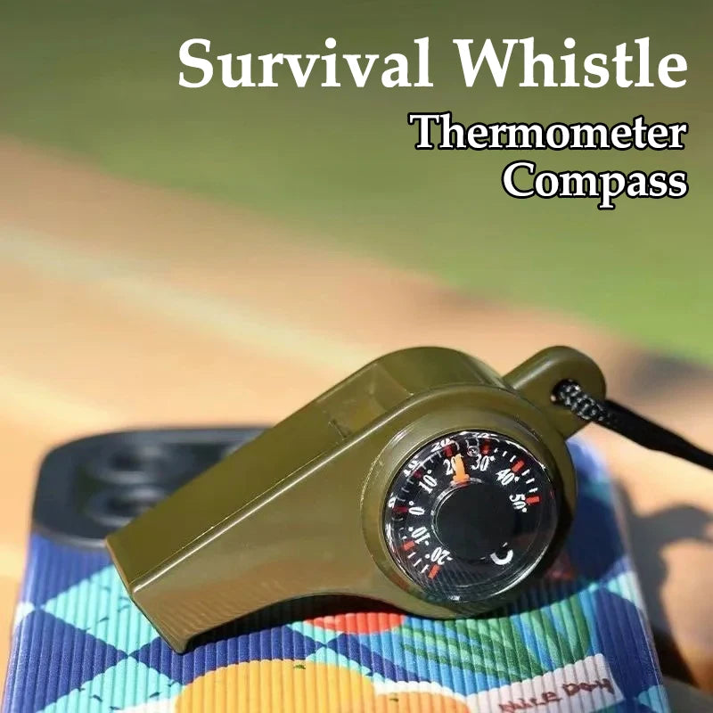 3 in 1 Camping Hiking Emergency Survival Whistle with Compass,Thermometer,Outdoor Whistle Camping Tools Armygreen Color