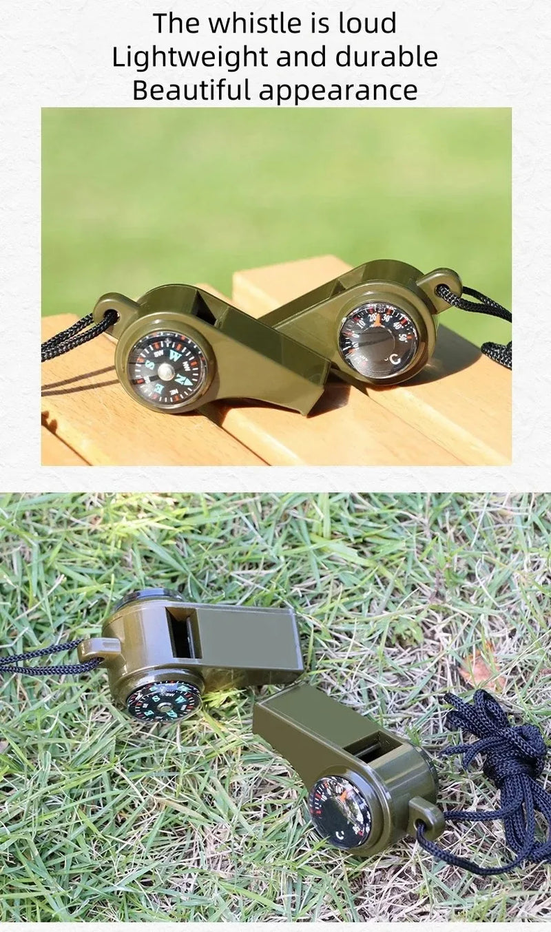 3 in 1 Camping Hiking Emergency Survival Whistle with Compass,Thermometer,Outdoor Whistle Camping Tools Armygreen Color