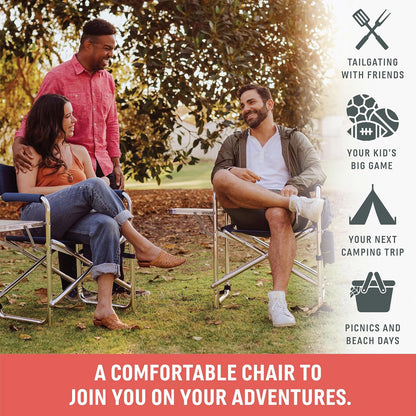 Sports Chair with Side Table, Outdoor Foldable Padded Adult Camping Chairs with Cup and Accessory Panel for Lawn, Beach, & Sports Use for Adults, up to 300-Lbs Capacity, (Red)