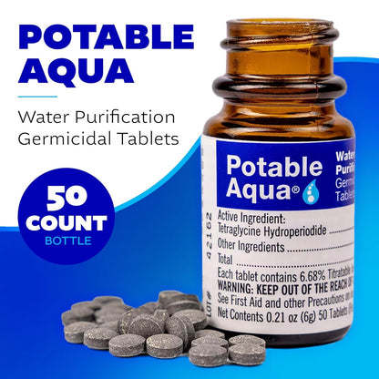 Water Purification Treatment - Portable Drinking Water Treatment for Camping, Emergency Preparedness, Hurricanes, Storms, Survival, and Travel (50 Tablets), Black, Single Pack