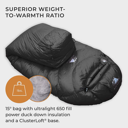 Quandary 15°F Cold Weather Mummy Hiking & Backpacking Sleeping Bag - Duck down 650 FP 3 Season Sleeping Bags for Adults - Ultralight with Compression Stuff Sack