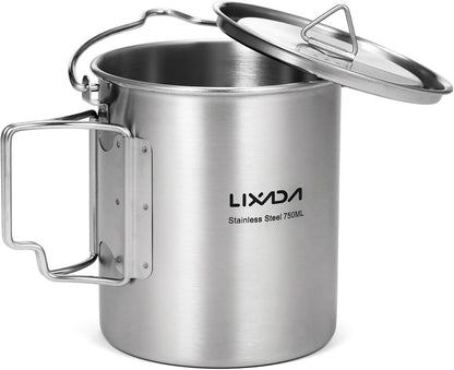 Camping Cup Pot,750Ml Stainless Steel Water Cup Mug with Foldable Handles and Lid for Outdoor Camping Hiking Backpacking