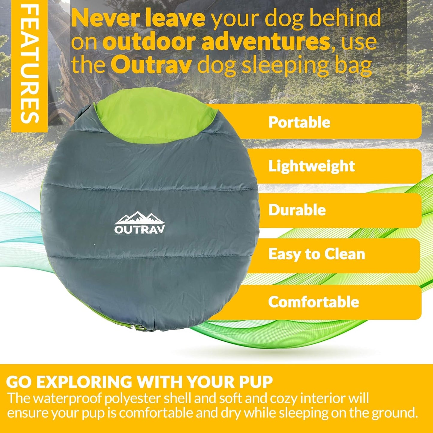 Dog Sleeping Bag, Extra Durable Waterproof Pet Bed Mat, Portable Camping Dog Bed with Stuff Sack, 48X36X15 Inches, Green