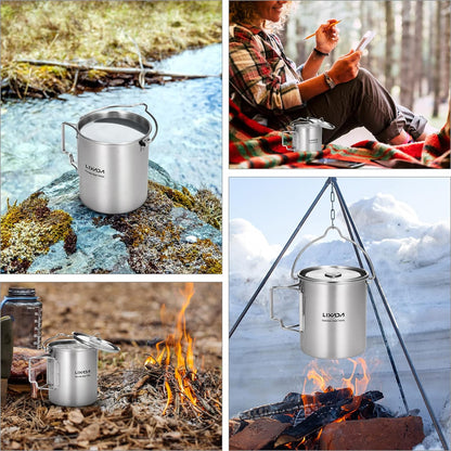 Camping Cup Pot,750Ml Stainless Steel Water Cup Mug with Foldable Handles and Lid for Outdoor Camping Hiking Backpacking