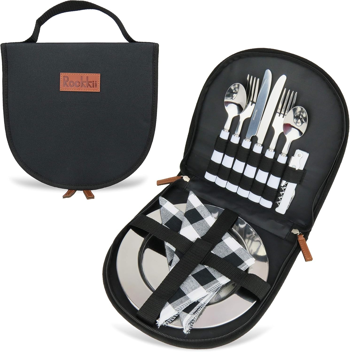 Camping Silverware Set with Case, 11 Pcs Camping Mess Kit with Stainless Steel Plates, Picnic Set for 2, Travel Silverware Set, Camping Utensils for Eating, Portable Cutlery Set
