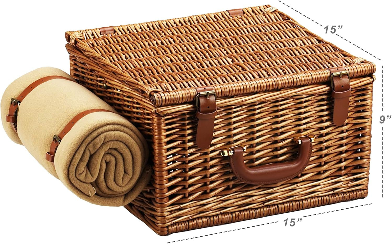 Original Cheshire English-Style Willow Picnic Basket with Service for 2 and Blanket- Designed, Assembled & Quality Approved in the USA