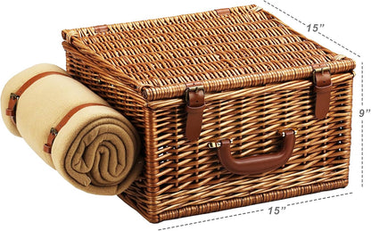 Original Cheshire English-Style Willow Picnic Basket with Service for 2 and Blanket- Designed, Assembled & Quality Approved in the USA