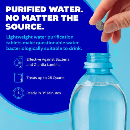 Water Purification Treatment - Portable Drinking Water Treatment for Camping, Emergency Preparedness, Hurricanes, Storms, Survival, and Travel (50 Tablets), Black, Single Pack
