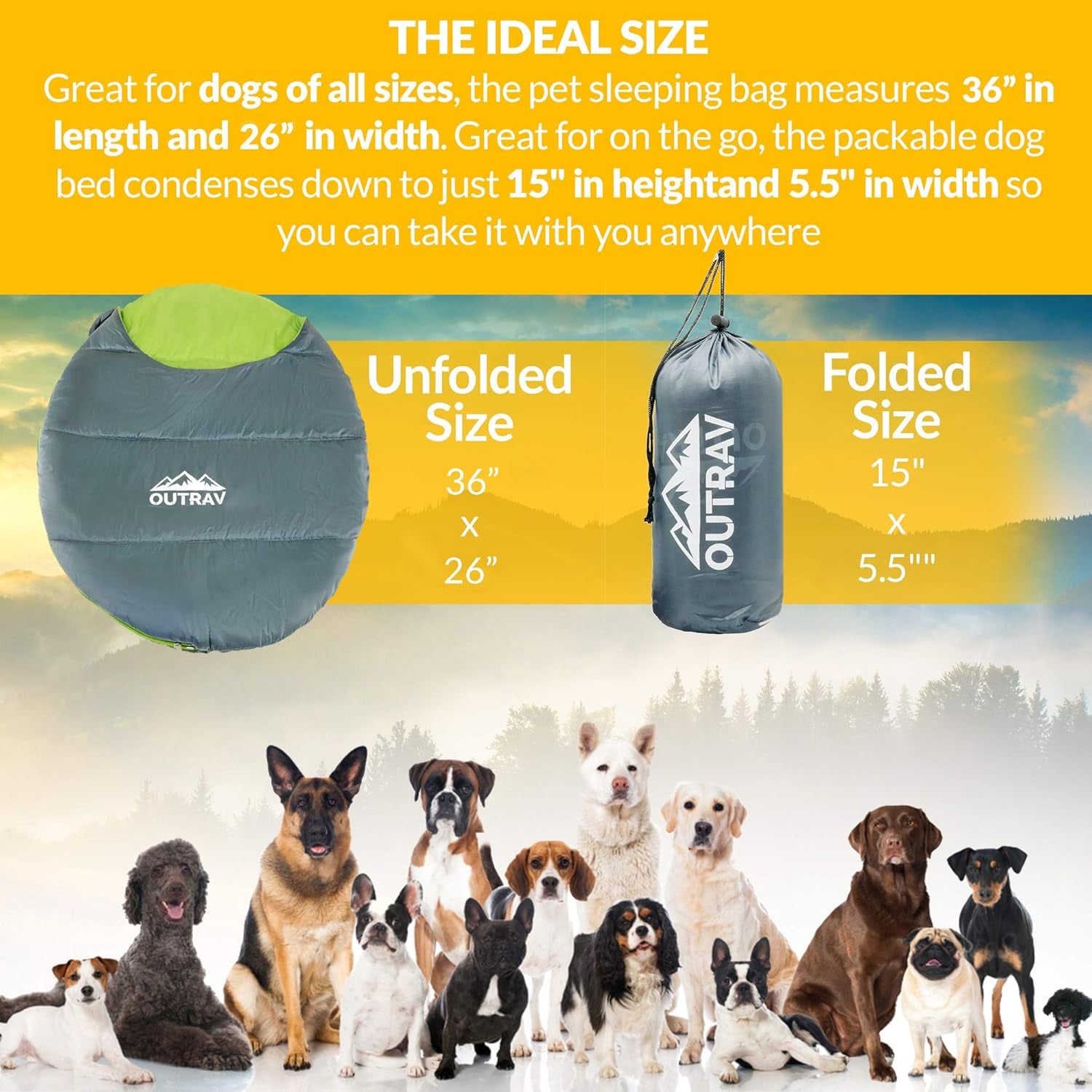 Dog Sleeping Bag, Extra Durable Waterproof Pet Bed Mat, Portable Camping Dog Bed with Stuff Sack, 48X36X15 Inches, Green