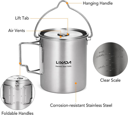 Camping Cup Pot,750Ml Stainless Steel Water Cup Mug with Foldable Handles and Lid for Outdoor Camping Hiking Backpacking